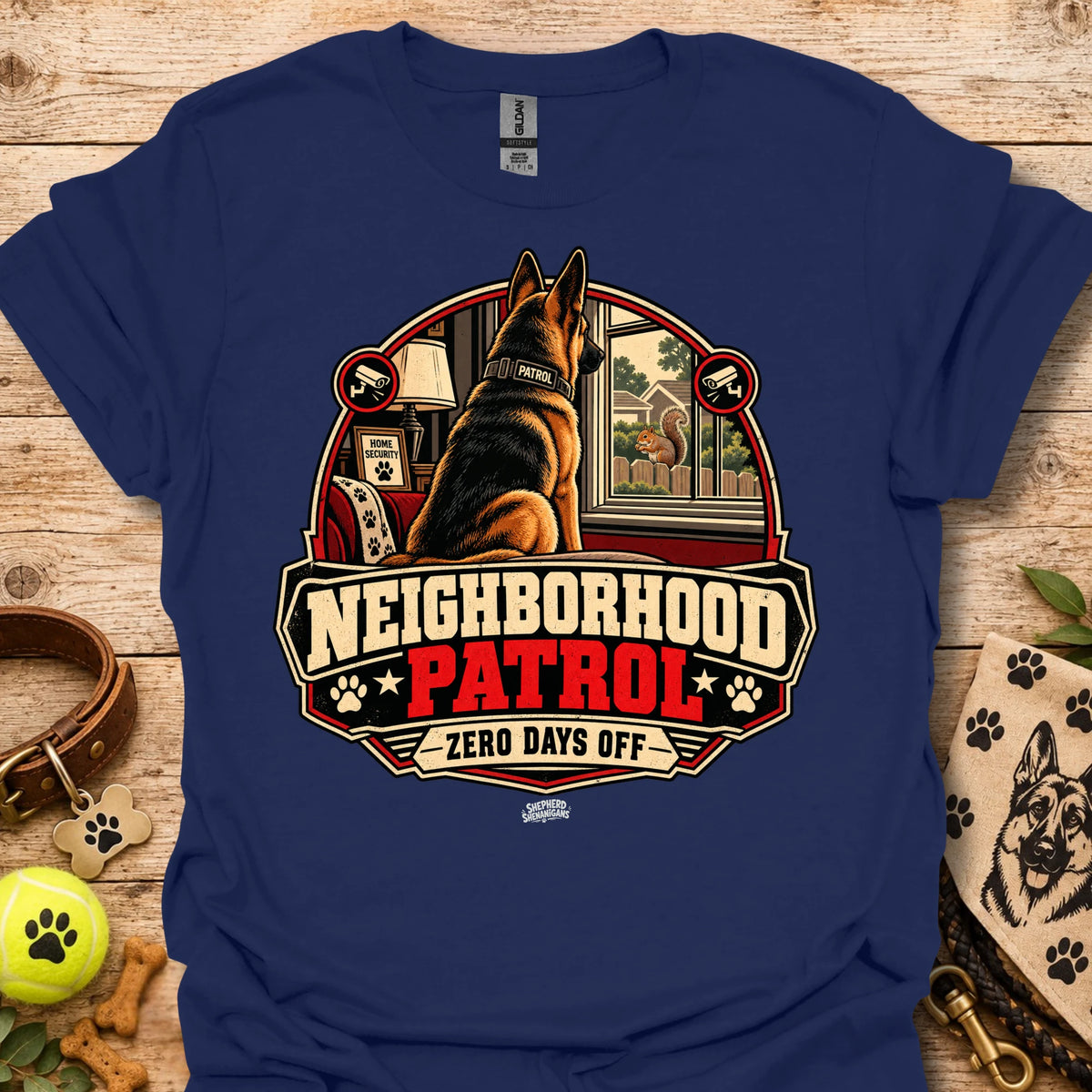 Navy t-shirt with German shepherd "Neighborhood Patrol" emblem and "Zero Days Off"