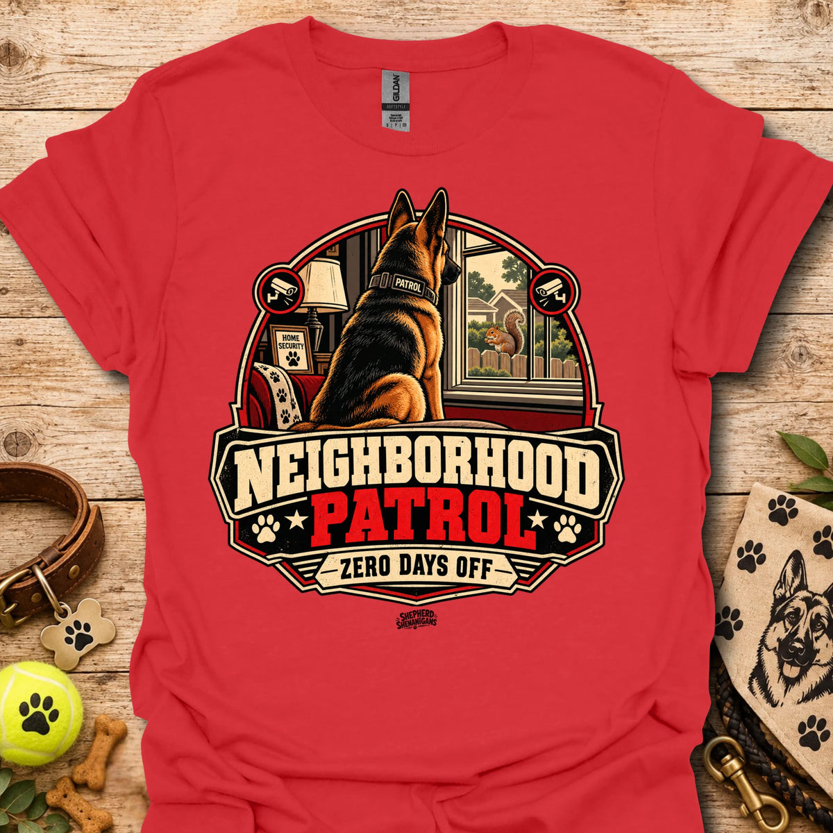Red t-shirt with German shepherd "Neighborhood Patrol" emblem and "Zero Days Off"