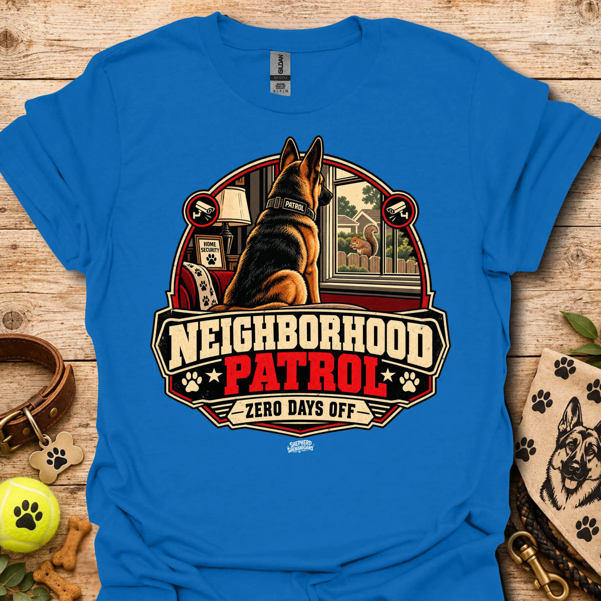 Royal blue t-shirt with German shepherd "Neighborhood Patrol" emblem and "Zero Days Off"