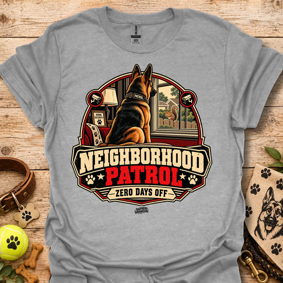 Heather gray t-shirt with German shepherd "Neighborhood Patrol" emblem and "Zero Days Off"