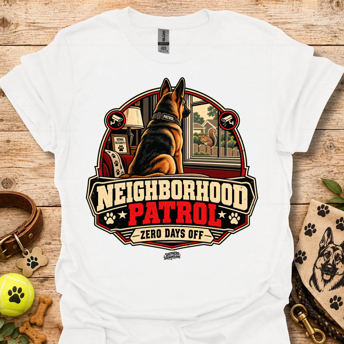 White t-shirt with German shepherd "Neighborhood Patrol" emblem and "Zero Days Off"