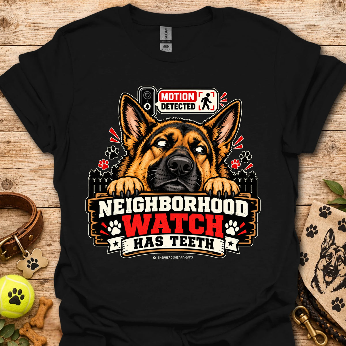 Black t-shirt with German shepherd graphic and “Neighborhood Watch Has Teeth” text