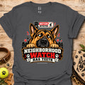 Charcoal t-shirt with German shepherd graphic and “Neighborhood Watch Has Teeth” text