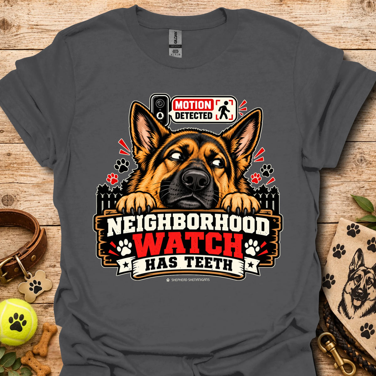 Charcoal t-shirt with German shepherd graphic and “Neighborhood Watch Has Teeth” text