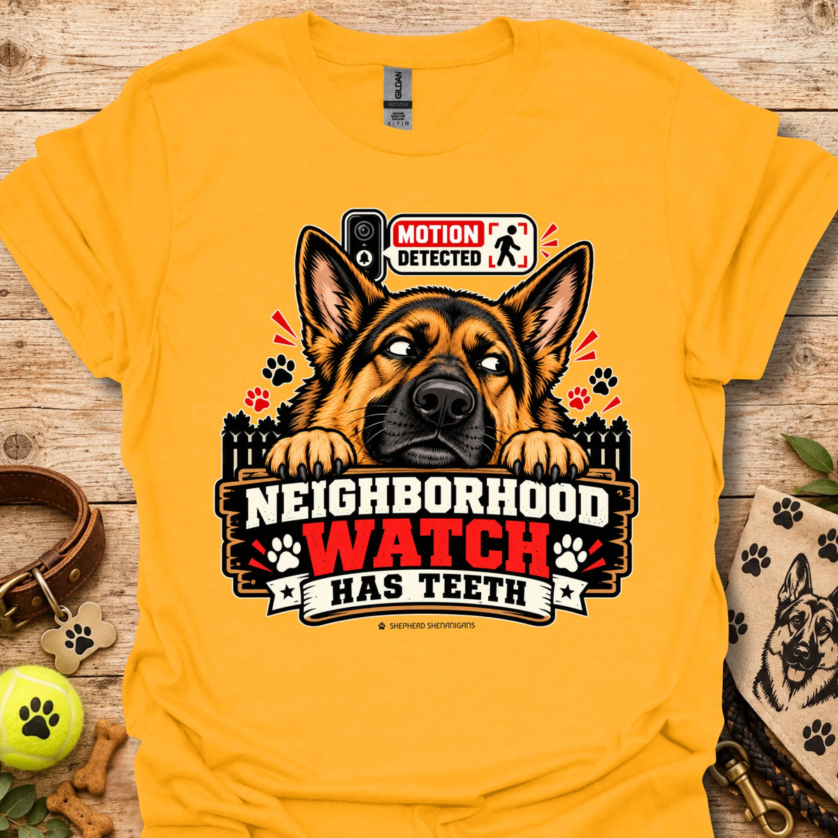 Gold t-shirt with German shepherd graphic and “Neighborhood Watch Has Teeth” text
