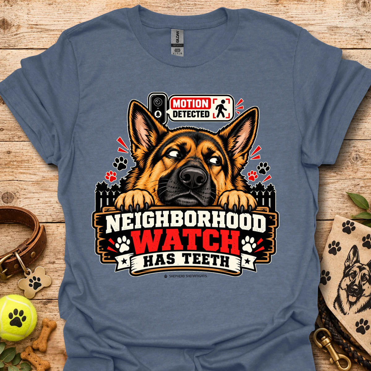 Heather indigo t-shirt with German shepherd graphic and “Neighborhood Watch Has Teeth” text