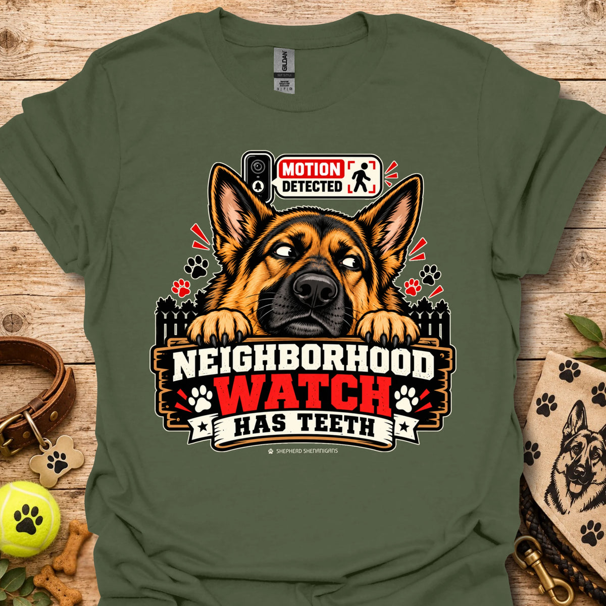Military green t-shirt with German shepherd graphic and “Neighborhood Watch Has Teeth” text