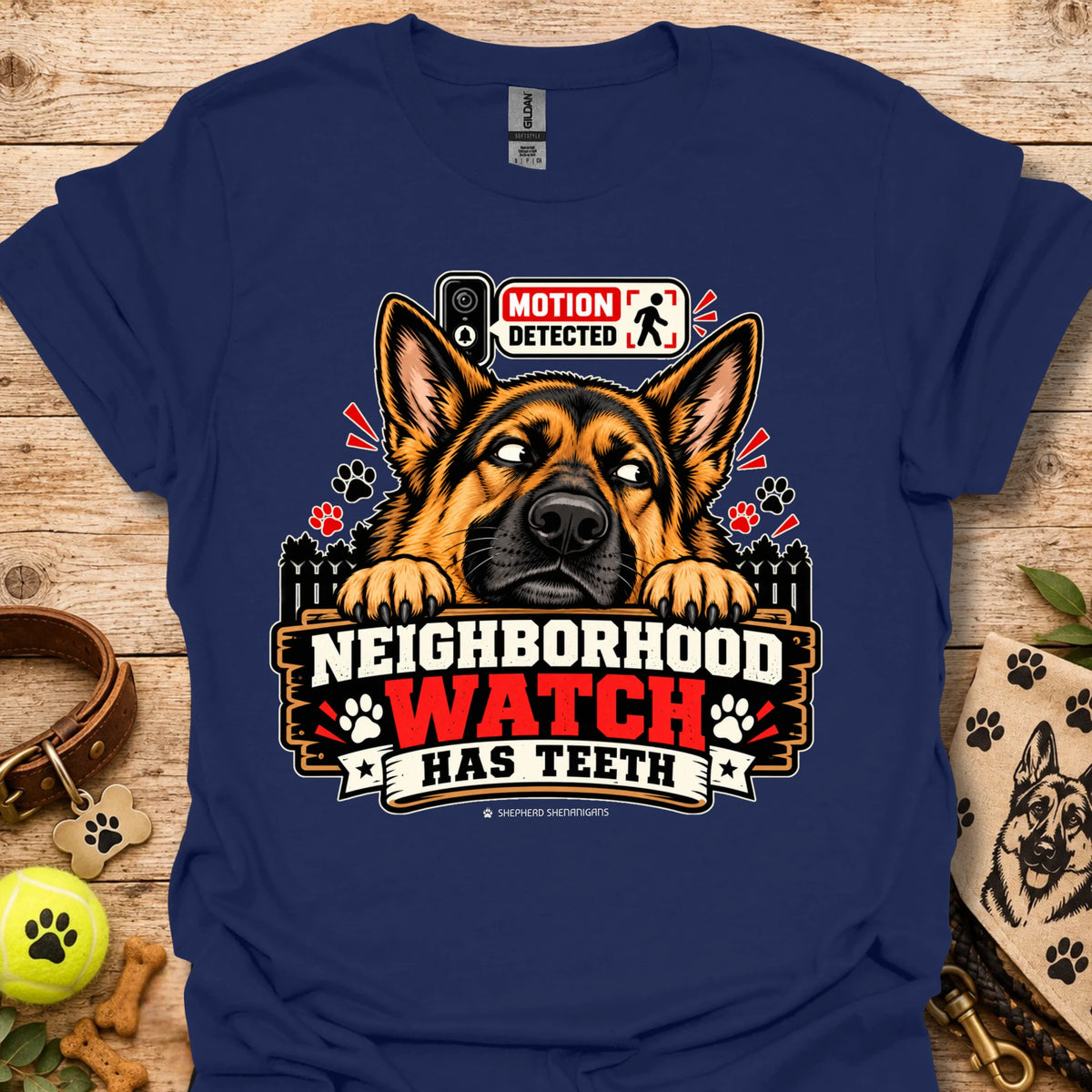 Navy t-shirt with German shepherd graphic and “Neighborhood Watch Has Teeth” text