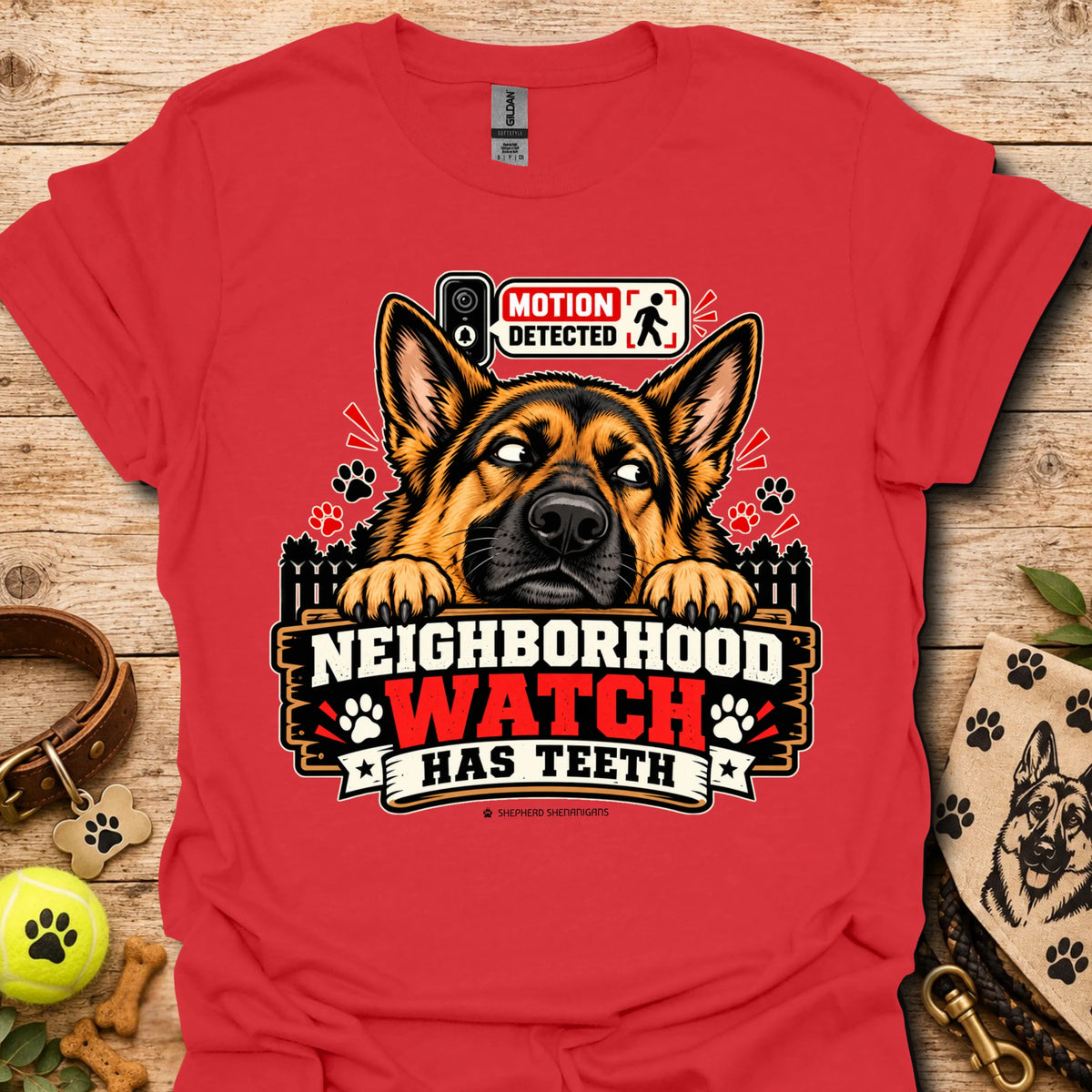 Red t-shirt with German shepherd graphic and “Neighborhood Watch Has Teeth” text