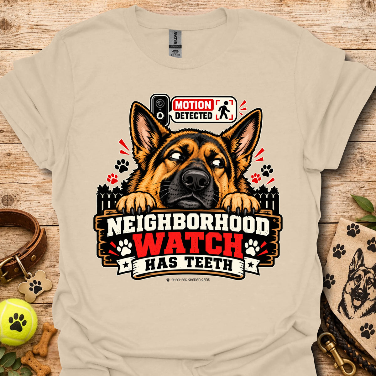 Sand t-shirt with German shepherd graphic and “Neighborhood Watch Has Teeth” text