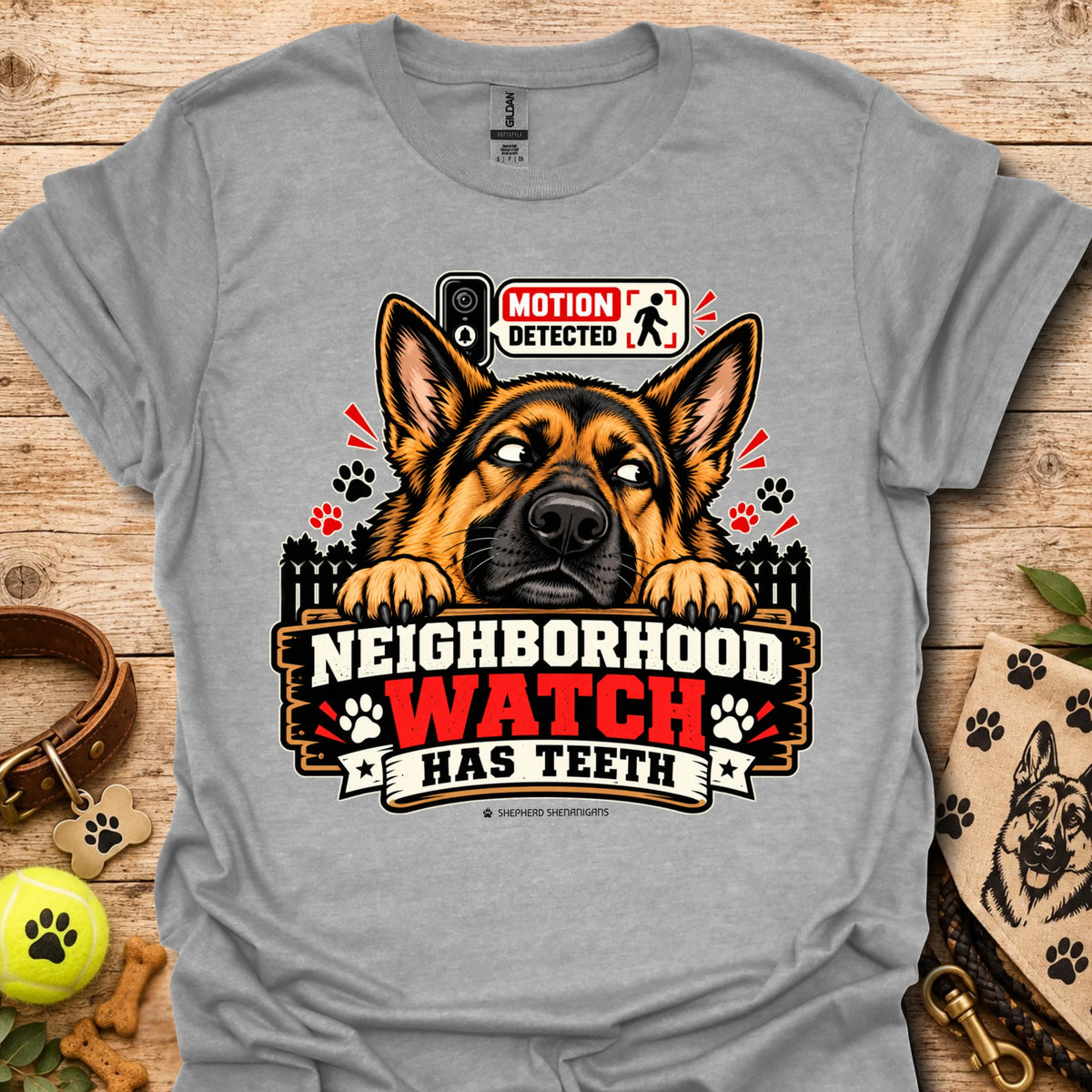 Sport grey t-shirt with German shepherd graphic and “Neighborhood Watch Has Teeth” text