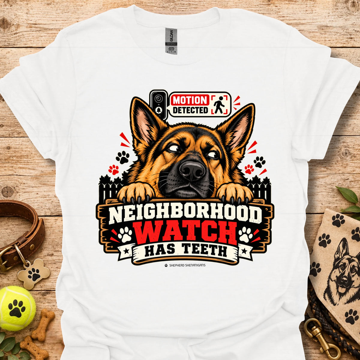 White t-shirt with German shepherd graphic and “Neighborhood Watch Has Teeth” text