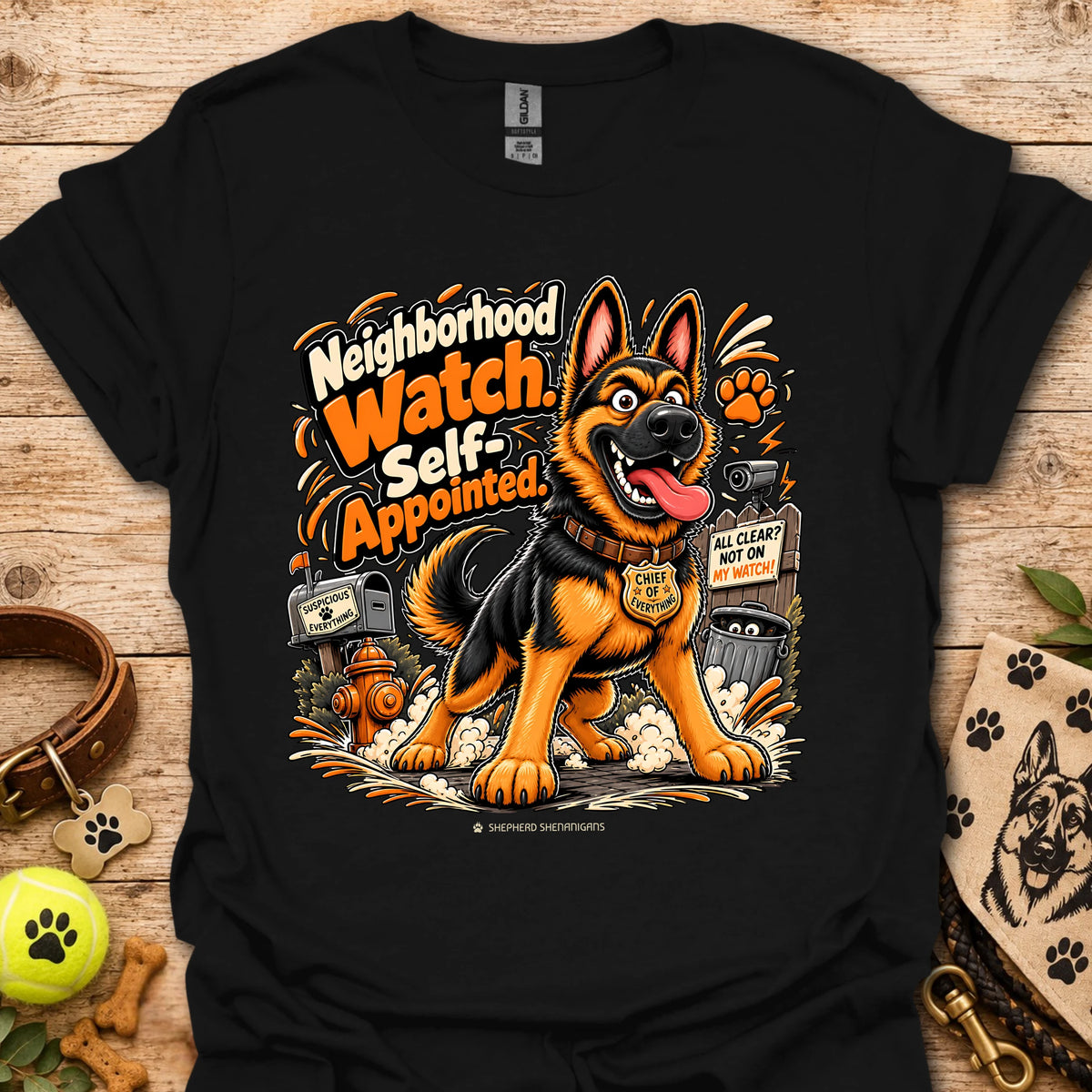 Black crewneck T-shirt with smiling German shepherd graphic and orange text