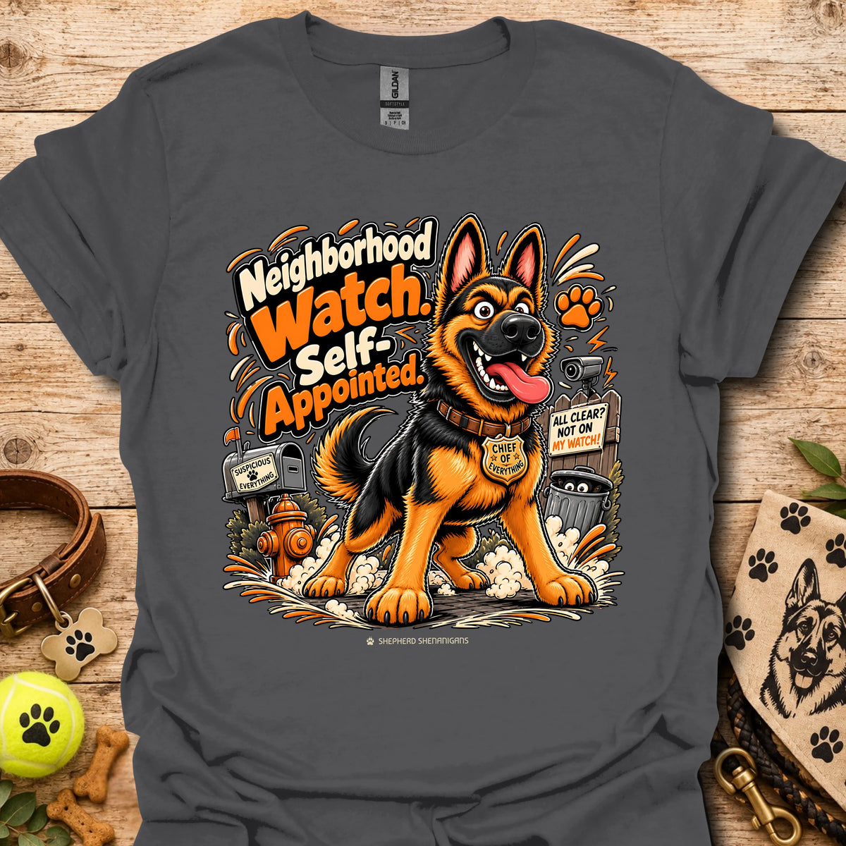 Charcoal crewneck T-shirt with smiling German shepherd graphic and orange text