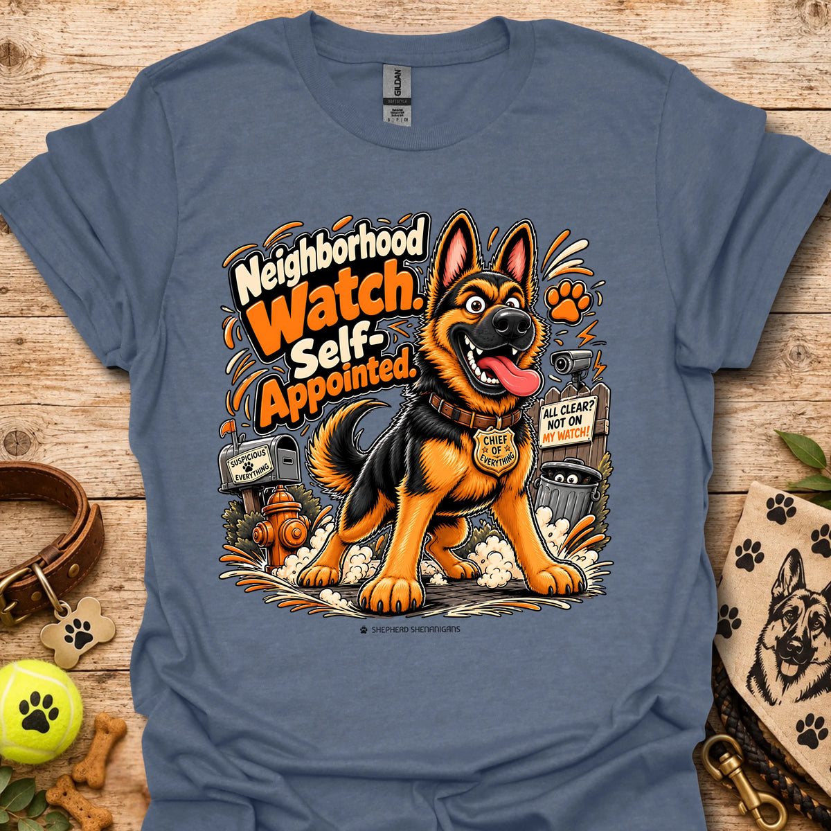 Heather indigo crewneck T-shirt with smiling German shepherd graphic and orange text