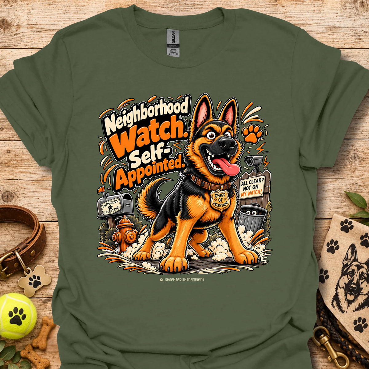 Military green crewneck T-shirt with smiling German shepherd graphic and orange text