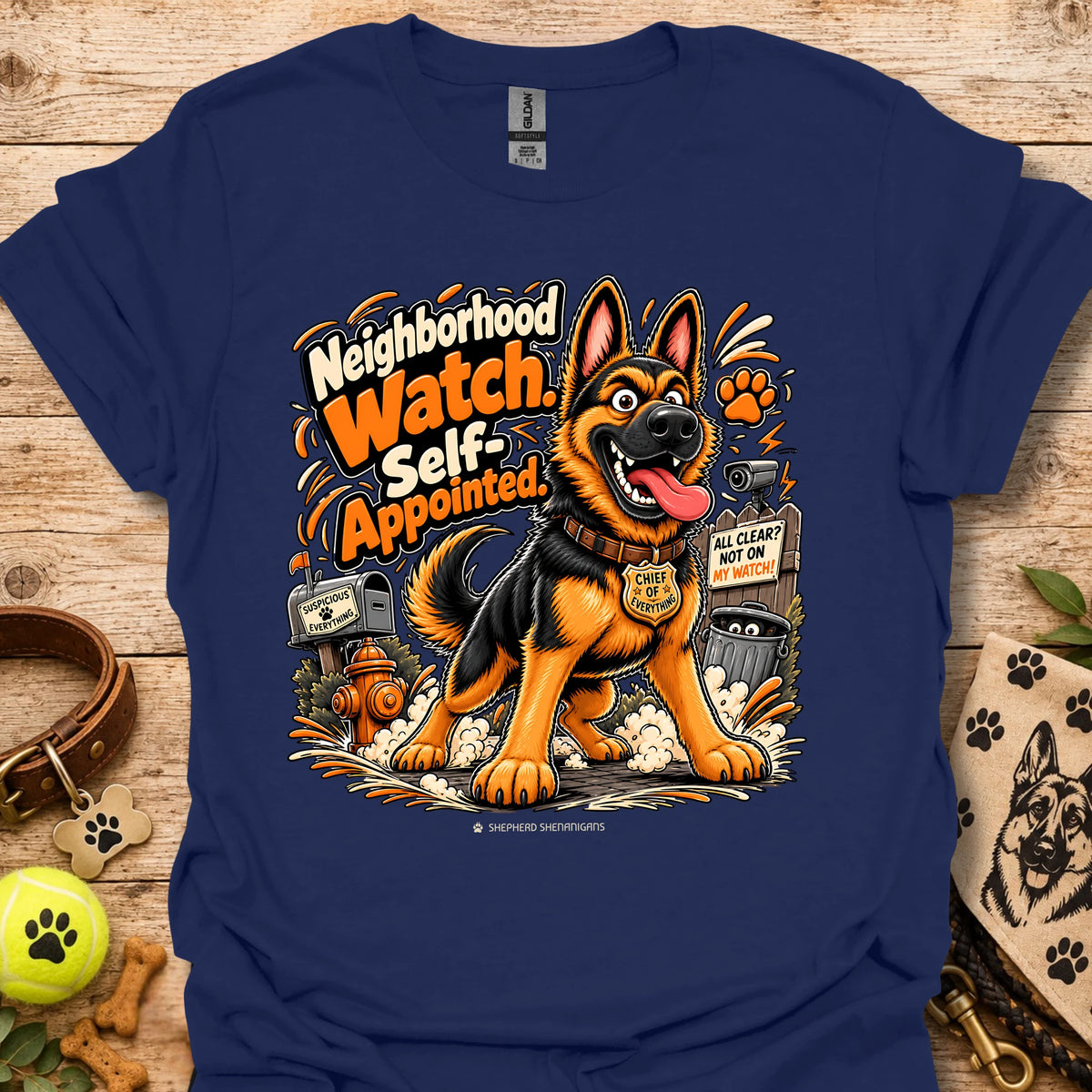Navy crewneck T-shirt with smiling German shepherd graphic and orange text