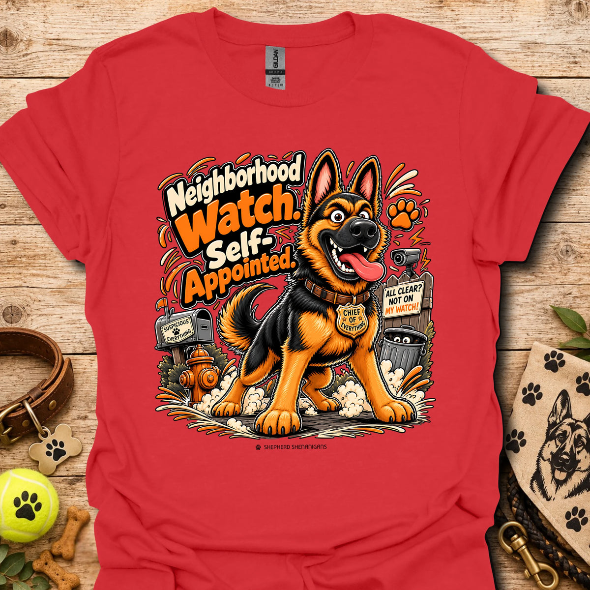 Red crewneck T-shirt with smiling German shepherd graphic and orange text