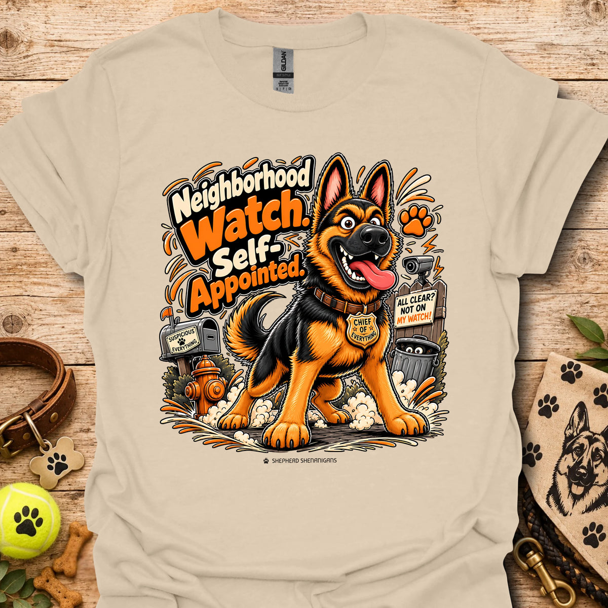 Sand crewneck T-shirt with smiling German shepherd graphic and orange text