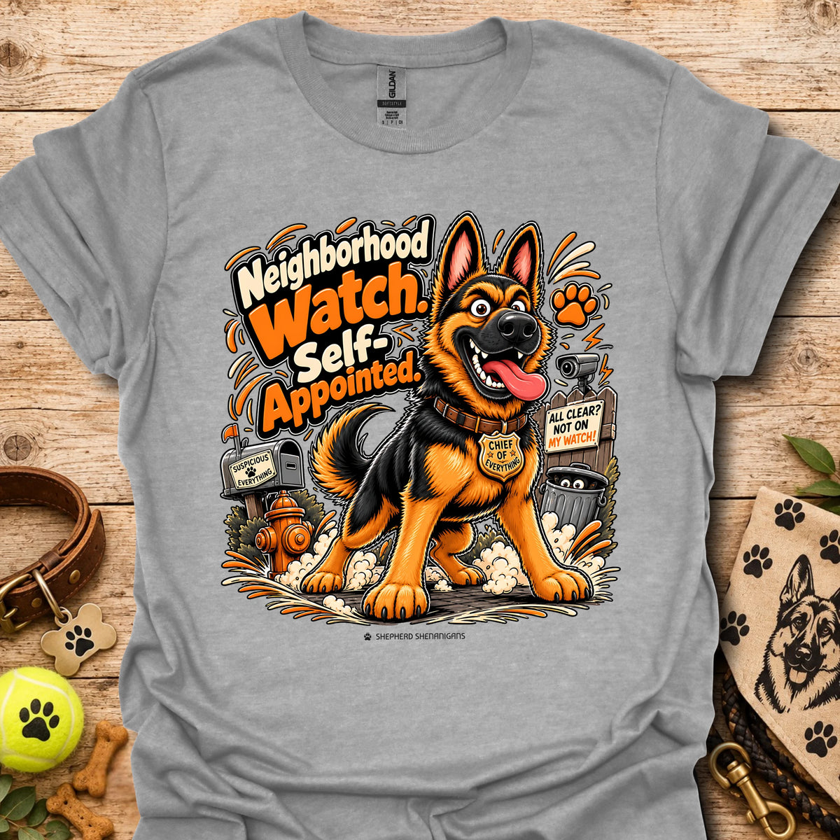 Sport grey crewneck T-shirt with smiling German shepherd graphic and orange text