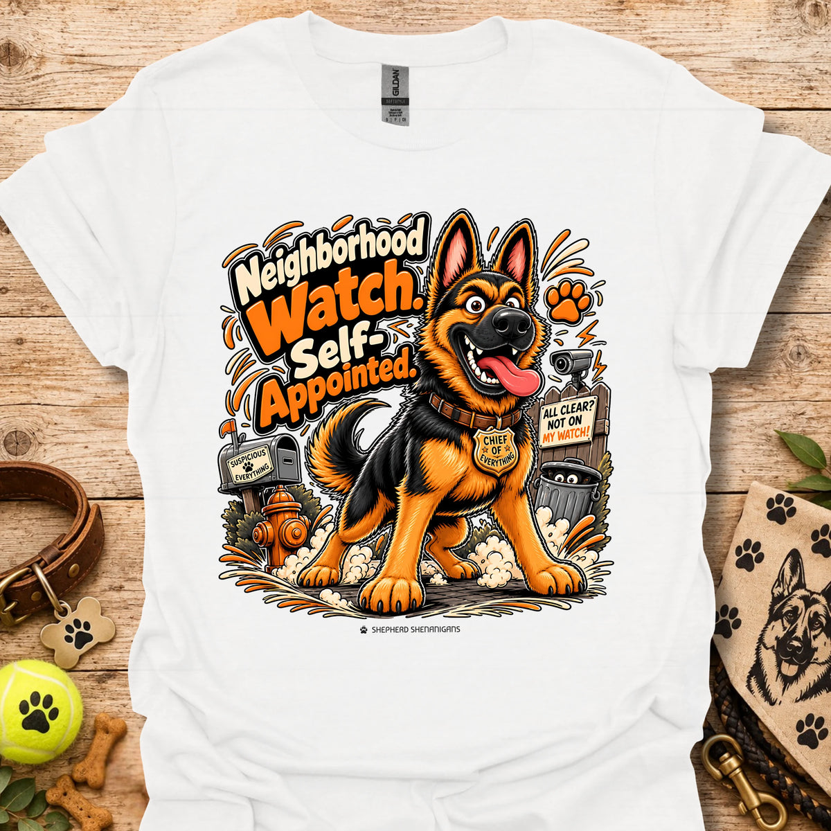White crewneck T-shirt with smiling German shepherd graphic and orange text