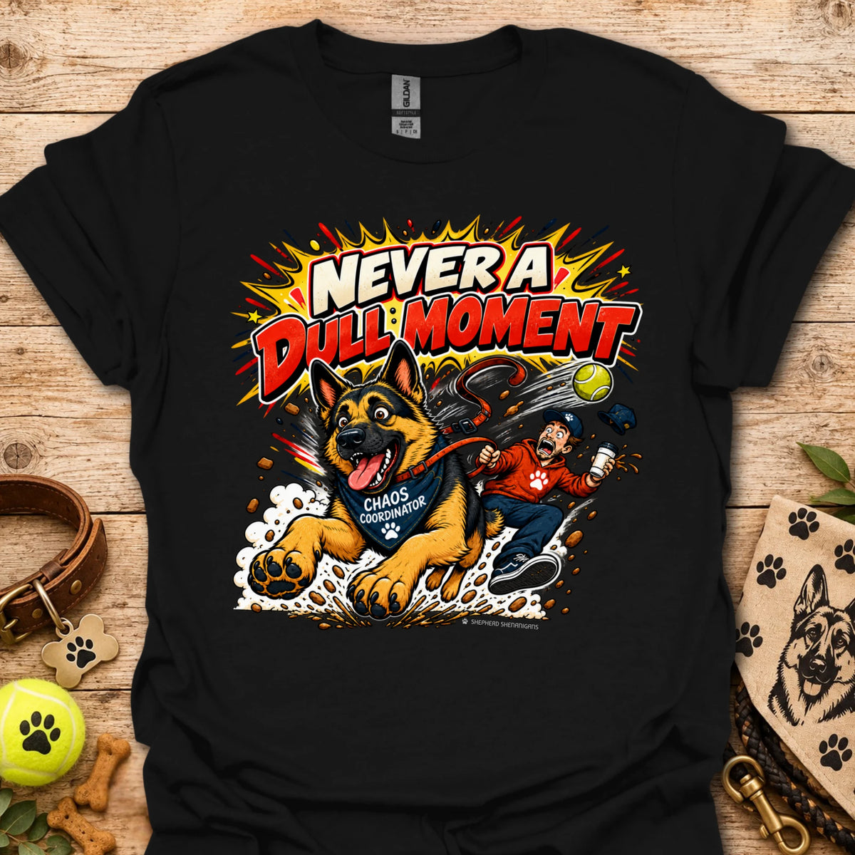 Black T-shirt with colorful comic-style dog graphic on the front.