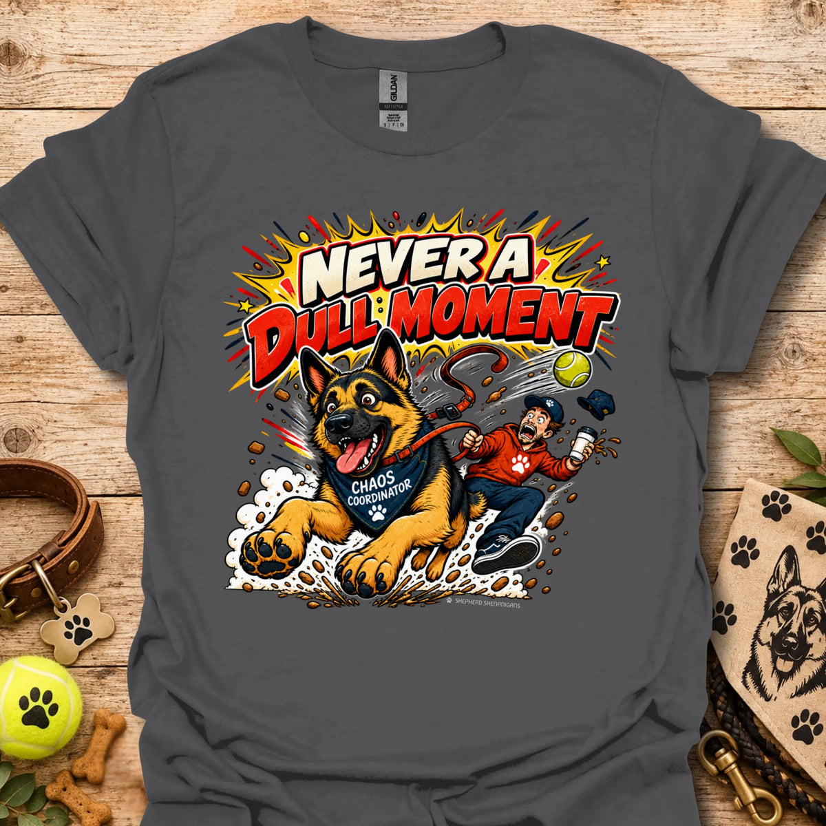Charcoal T-shirt with colorful comic-style dog graphic on the front.