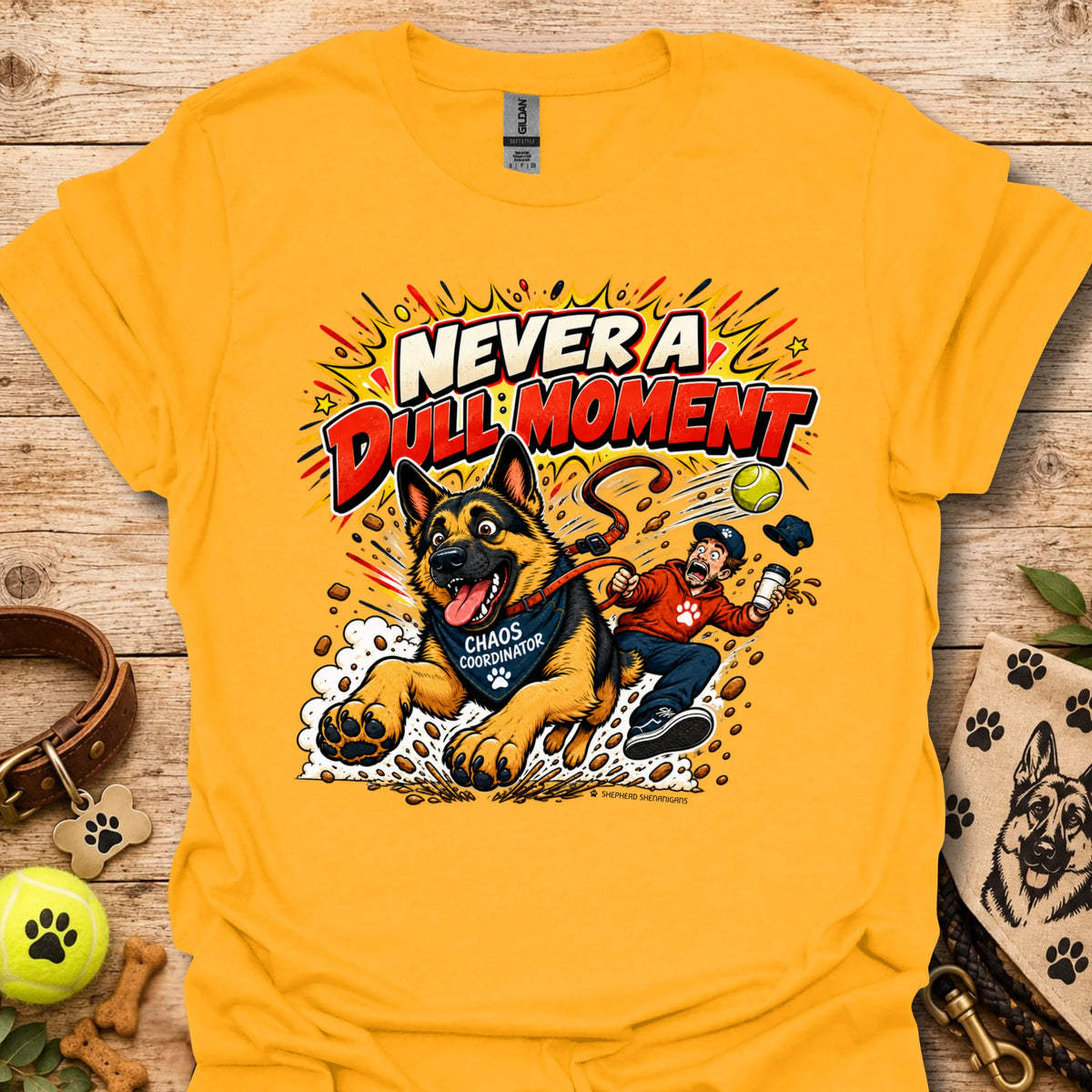 Yellow T-shirt with colorful comic-style dog graphic on the front.