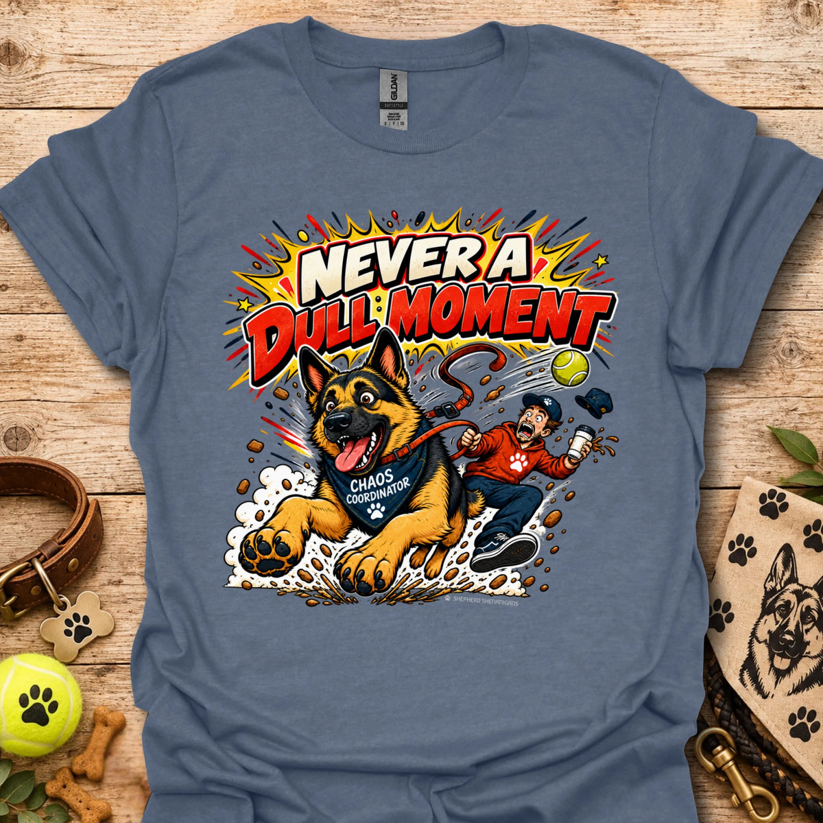 Slate blue T-shirt with colorful comic-style dog graphic on the front.