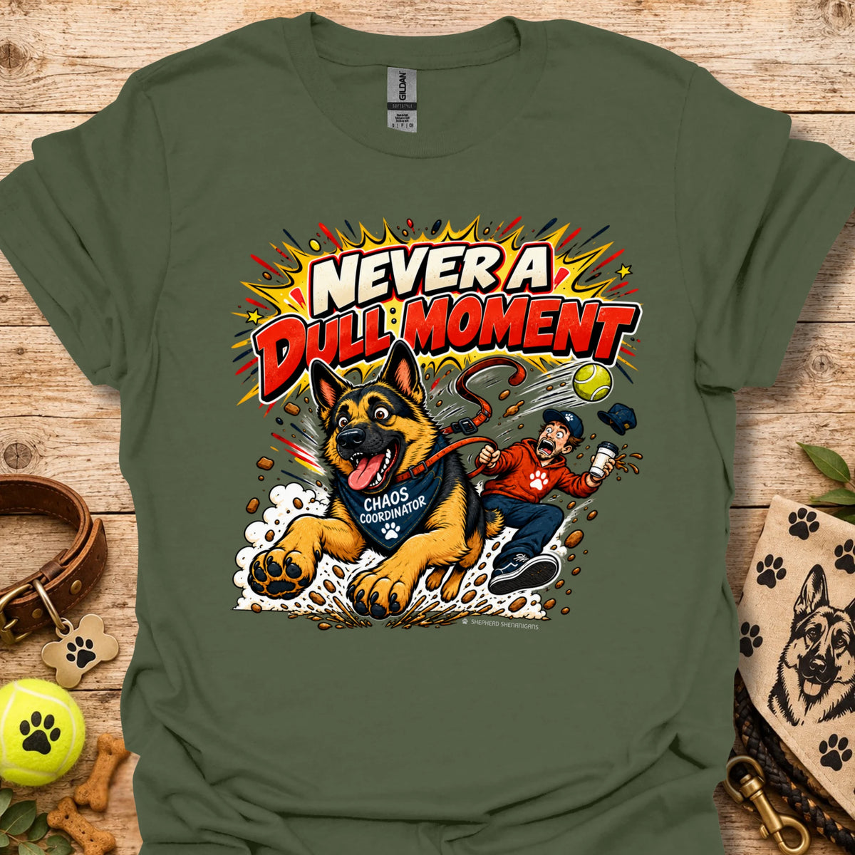 Dark green T-shirt with colorful comic-style dog graphic on the front.
