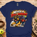 Navy T-shirt with colorful comic-style dog graphic on the front.
