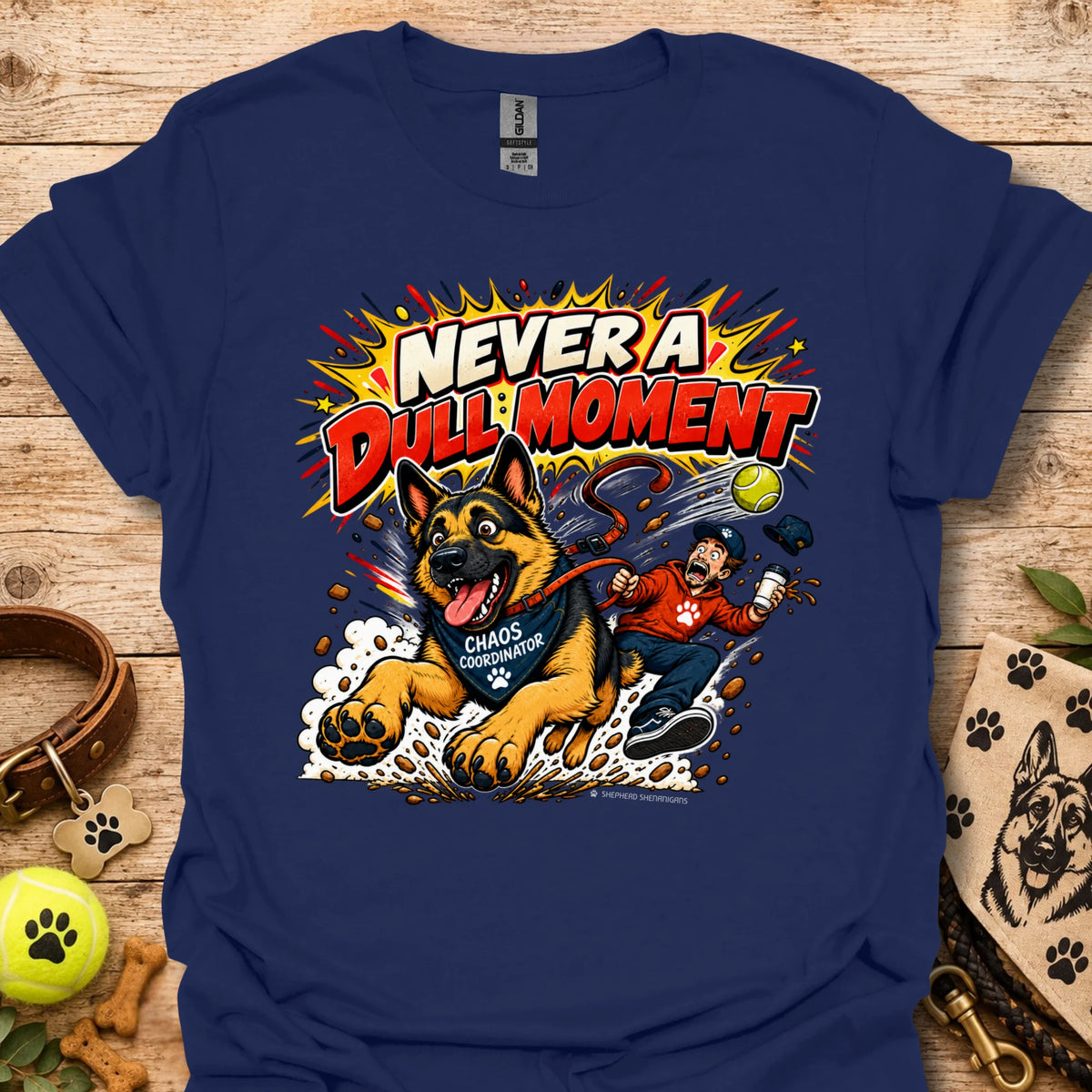 Navy T-shirt with colorful comic-style dog graphic on the front.