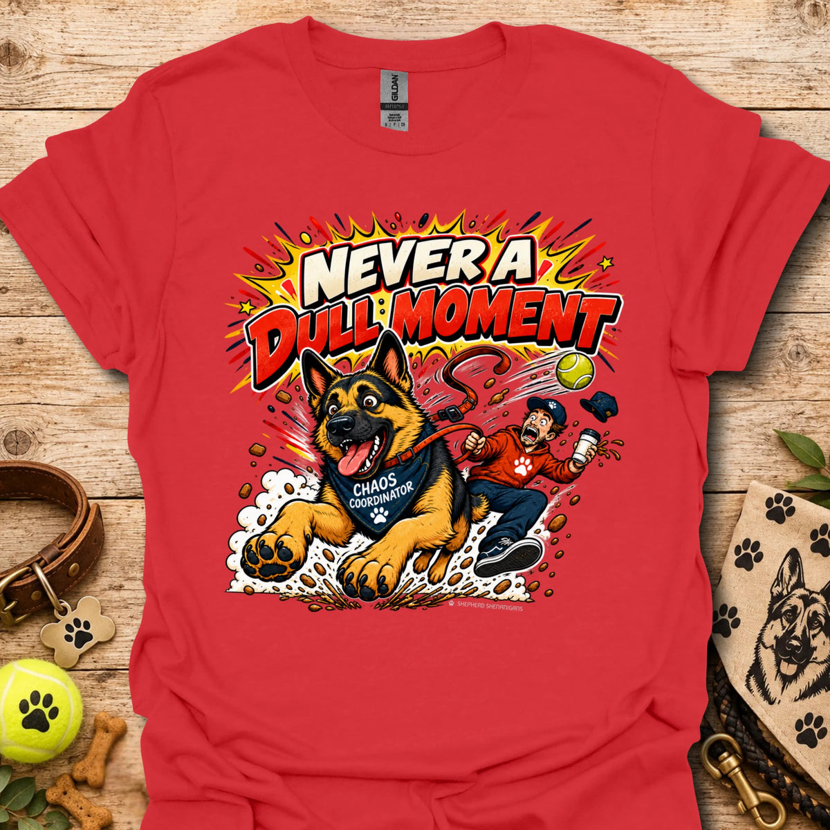 Red T-shirt with colorful comic-style dog graphic on the front.