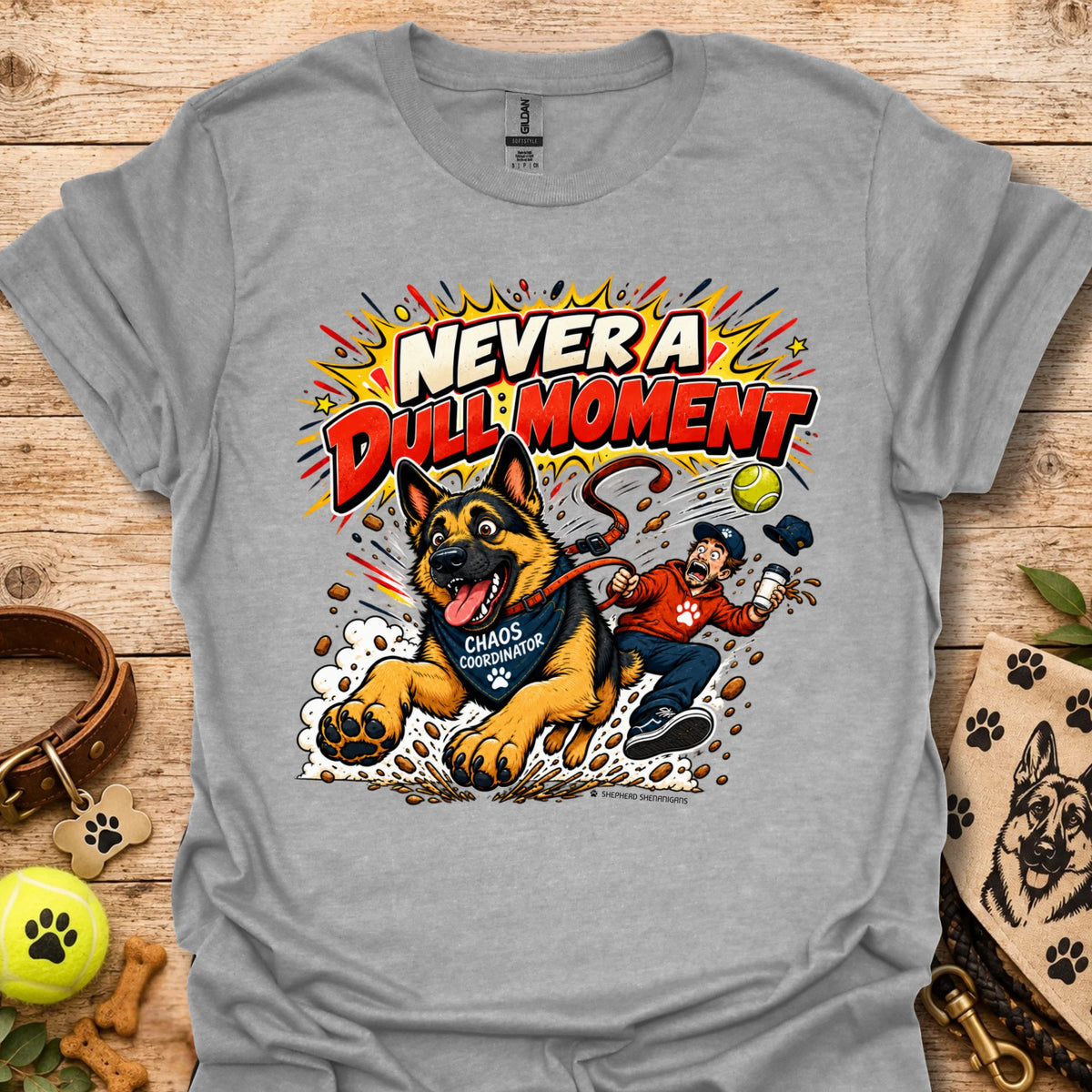 Light gray T-shirt with colorful comic-style dog graphic on the front.