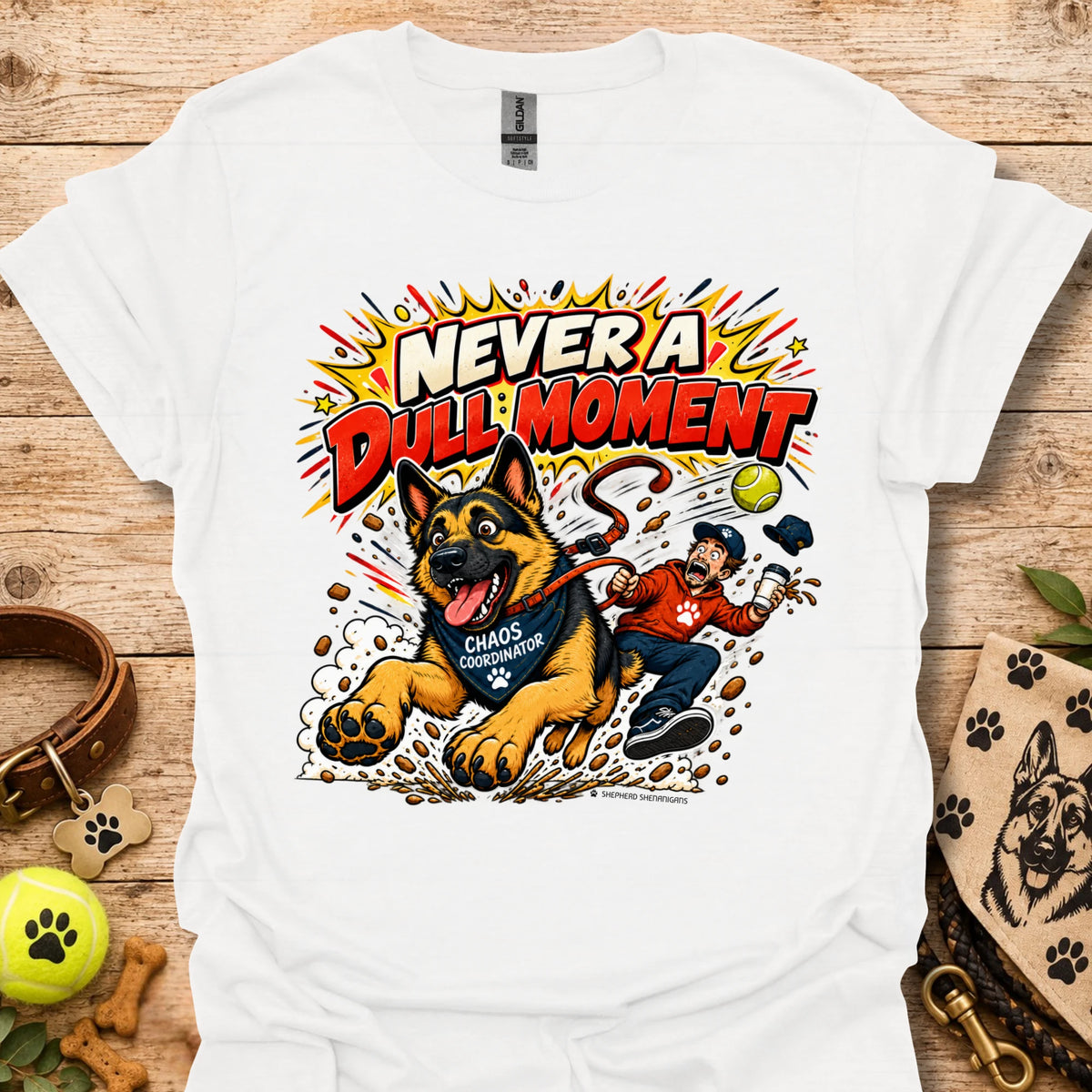 White T-shirt with colorful comic-style dog graphic on the front.