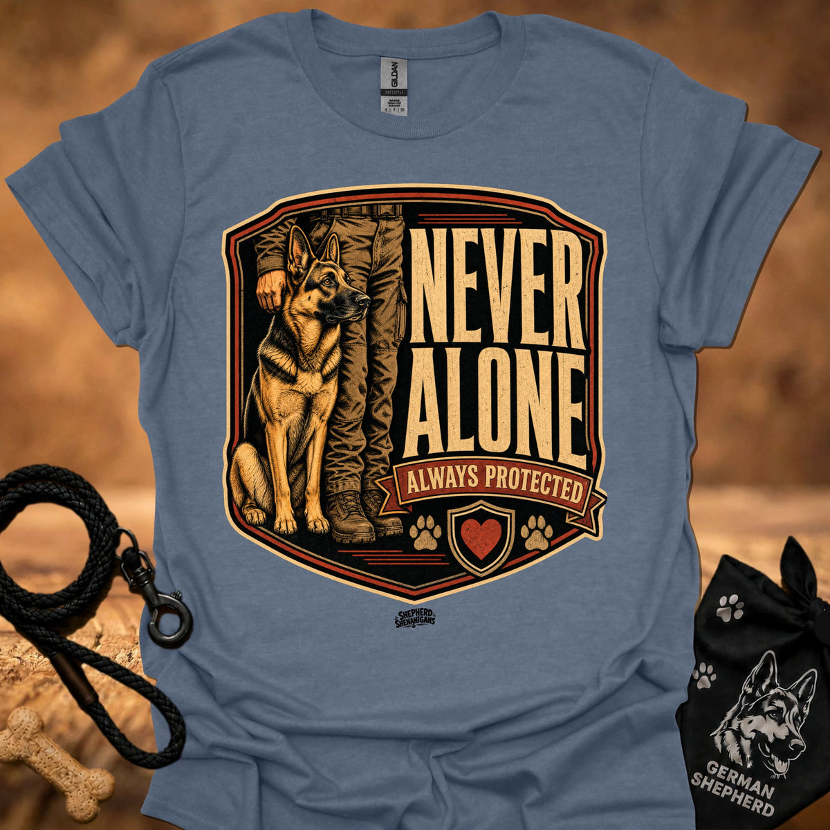 Sport grey crew-neck T-shirt with German Shepherd crest graphic and "Never Alone" text