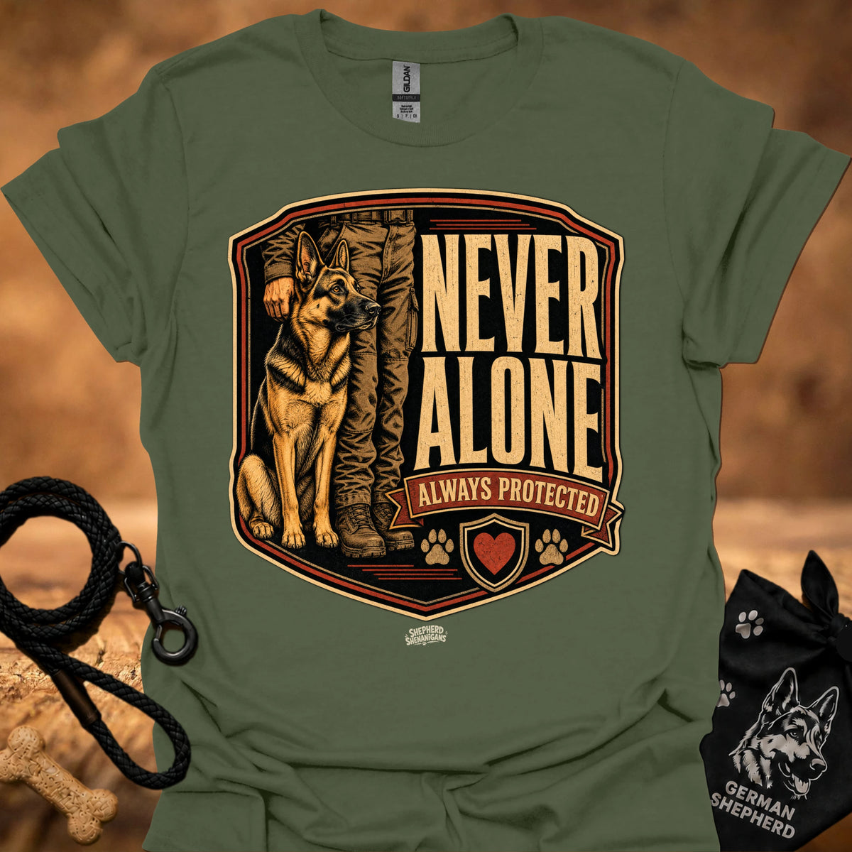 Military green crew-neck T-shirt with German Shepherd crest graphic and "Never Alone" text