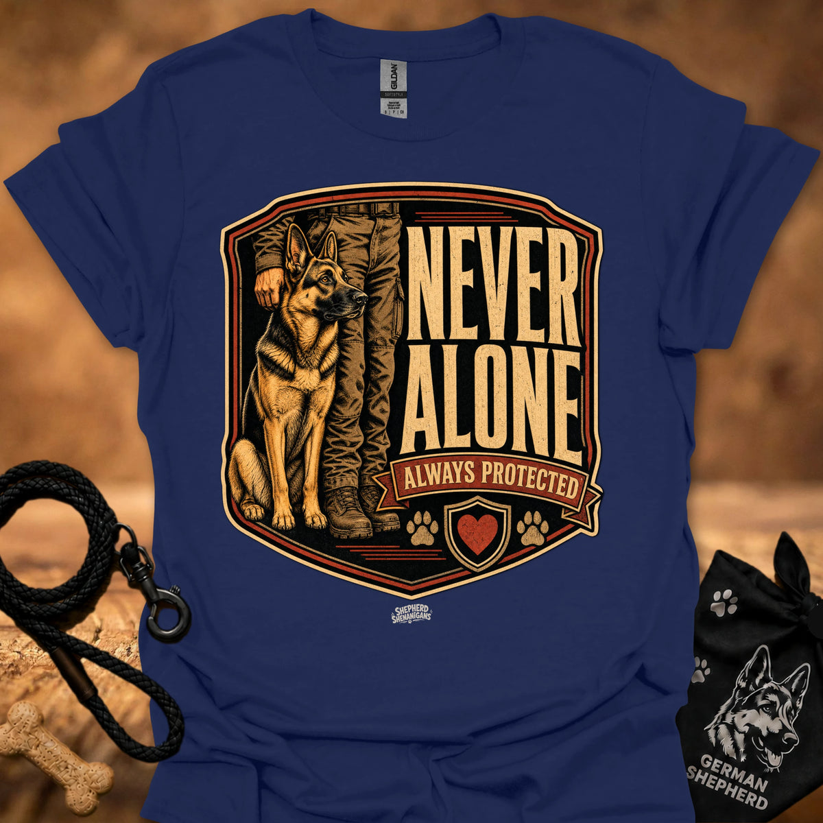 Navy crew-neck T-shirt with German Shepherd crest graphic and "Never Alone" text