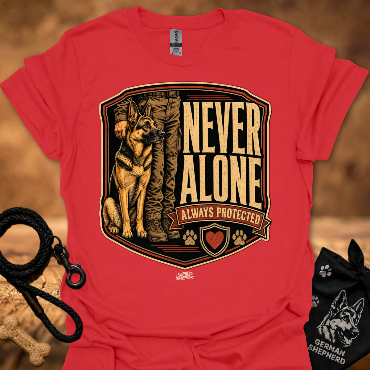 Red crew-neck T-shirt with German Shepherd crest graphic and "Never Alone" text