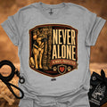 Heather grey crew-neck T-shirt with German Shepherd crest graphic and "Never Alone" text