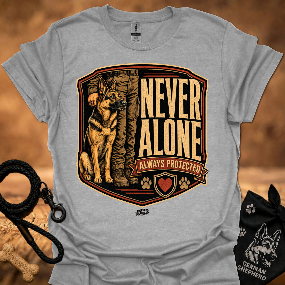 Heather grey crew-neck T-shirt with German Shepherd crest graphic and "Never Alone" text