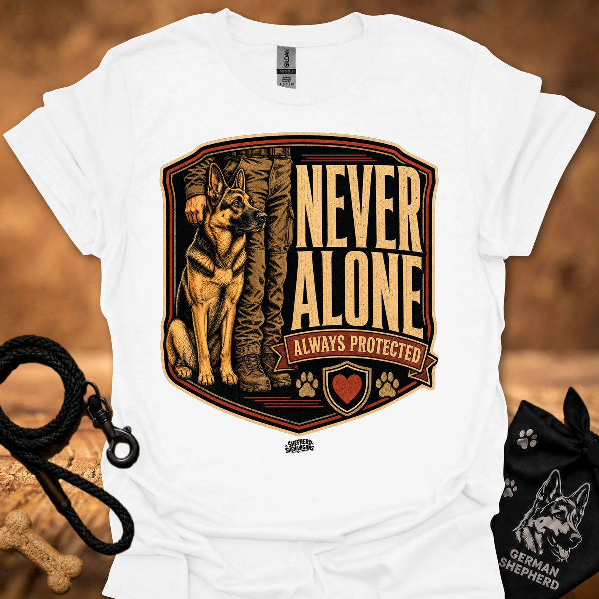 White crew-neck T-shirt with German Shepherd crest graphic and "Never Alone" text