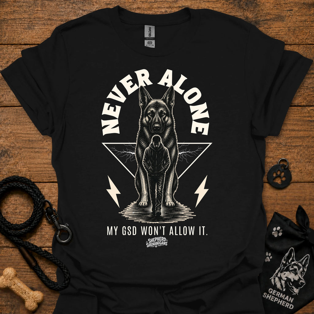 Black T-shirt with German shepherd graphic and bold "Never Alone" text front