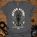 Charcoal T-shirt with German shepherd graphic and bold "Never Alone" text front