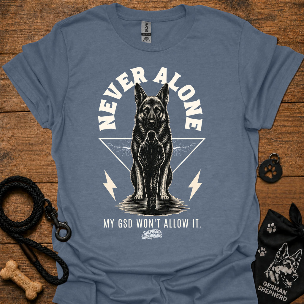 Slate blue T-shirt with German shepherd graphic and bold "Never Alone" text front