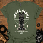 Military green T-shirt with German shepherd graphic and bold "Never Alone" text front
