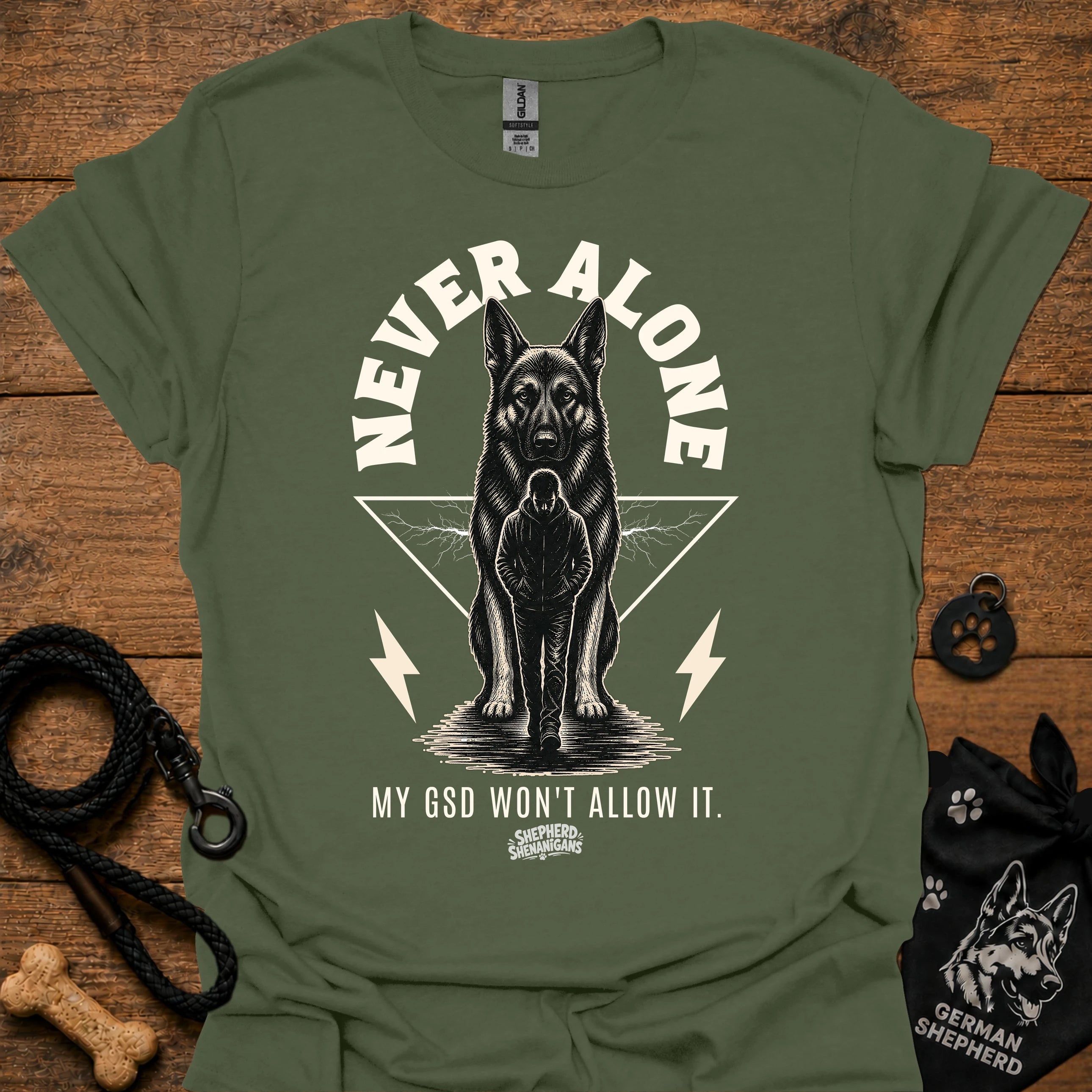 Military green T-shirt with German shepherd graphic and bold "Never Alone" text front
