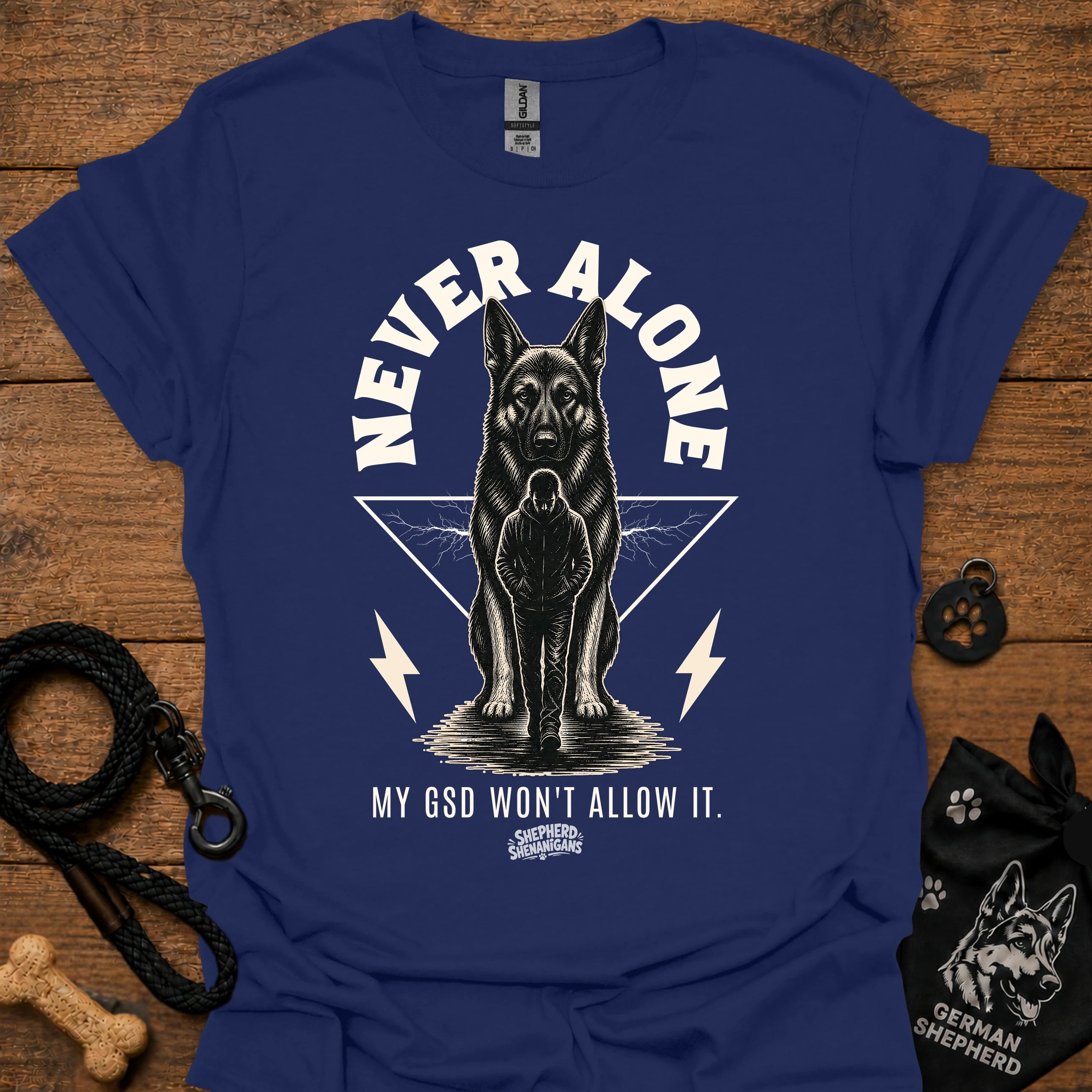 Navy T-shirt with German shepherd graphic and bold "Never Alone" text front