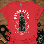 Red T-shirt with German shepherd graphic and bold "Never Alone" text front