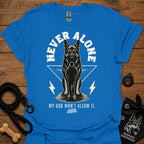 Royal blue T-shirt with German shepherd graphic and bold "Never Alone" text front